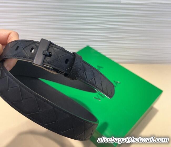 New Cheap Bottega Veneta Intrecciato Leather Belt 2cm with Pin Buckle BV26010404 All Black 2025