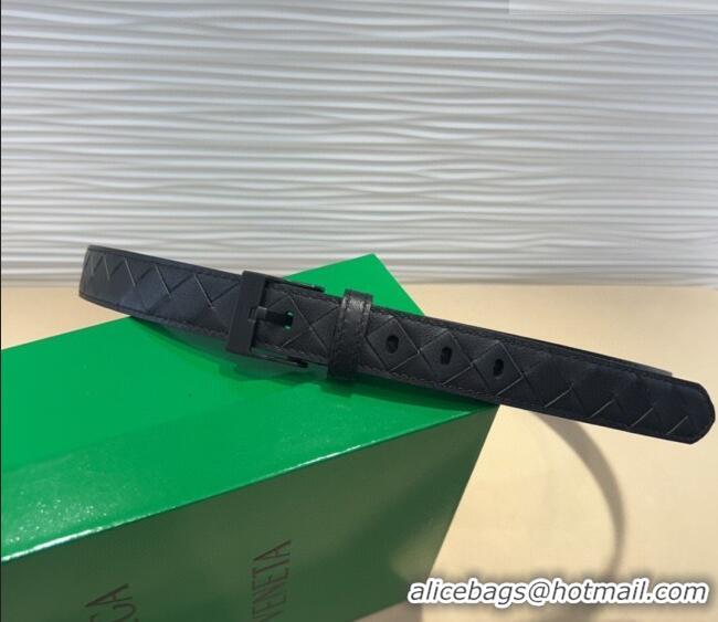 New Cheap Bottega Veneta Intrecciato Leather Belt 2cm with Pin Buckle BV26010404 All Black 2025