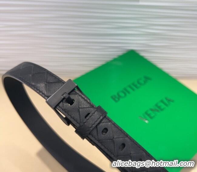 New Cheap Bottega Veneta Intrecciato Leather Belt 2cm with Pin Buckle BV26010404 All Black 2025