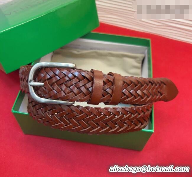 Luxury Discount Bottega Veneta Woven Leather Belt 3cm with Pin Buckle BV031601 Dark Brown 2026