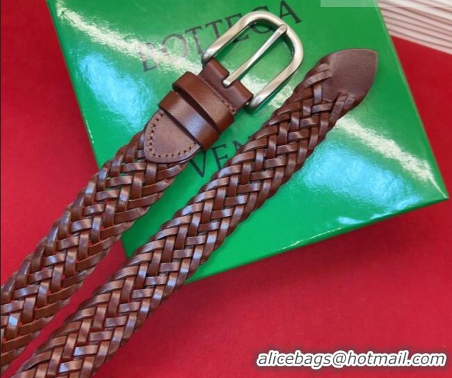 Luxury Discount Bottega Veneta Woven Leather Belt 3cm with Pin Buckle BV031601 Dark Brown 2026
