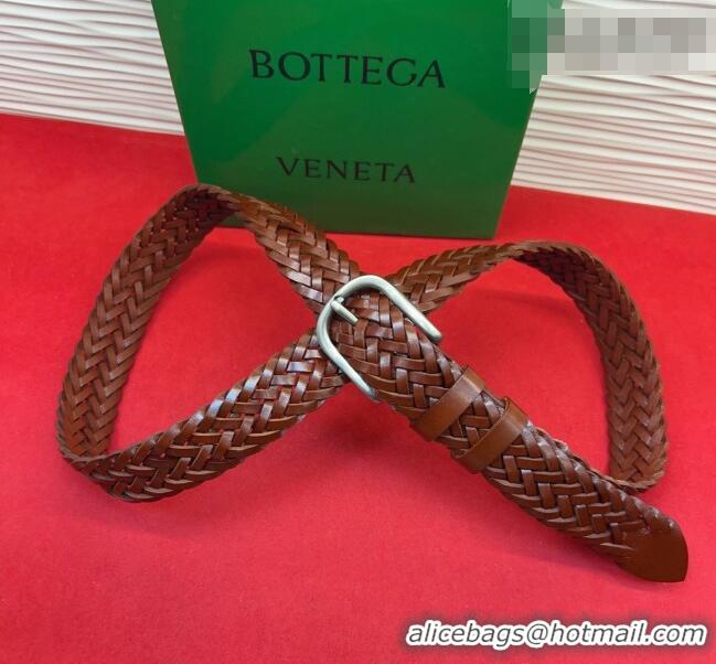 Luxury Discount Bottega Veneta Woven Leather Belt 3cm with Pin Buckle BV031601 Dark Brown 2026