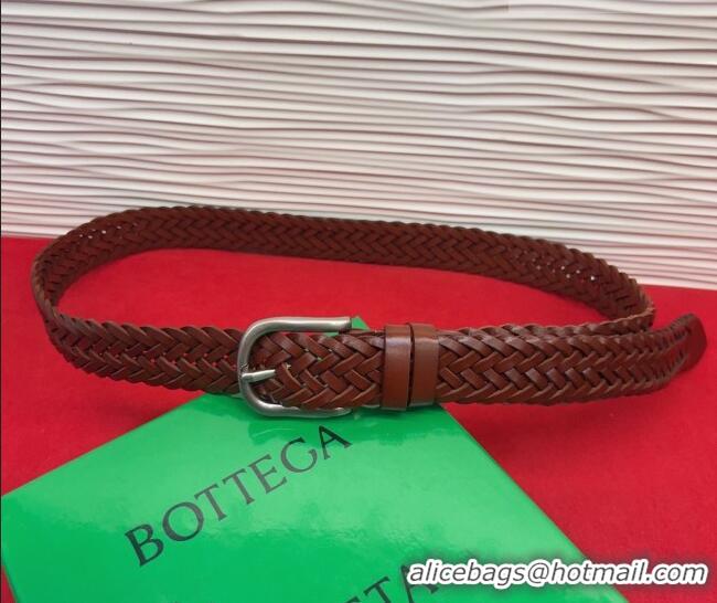 Luxury Discount Bottega Veneta Woven Leather Belt 3cm with Pin Buckle BV031601 Dark Brown 2026
