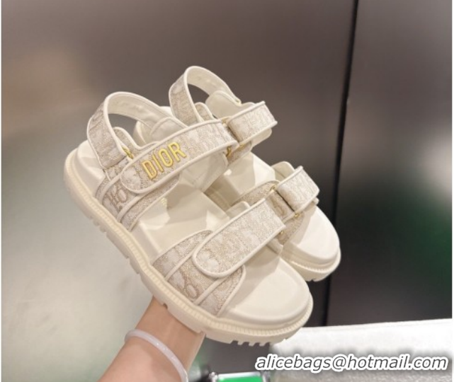Shop Cheap Dior Dioract Flat Sandals in Oblique Embroidered Cotton Beige 0302126