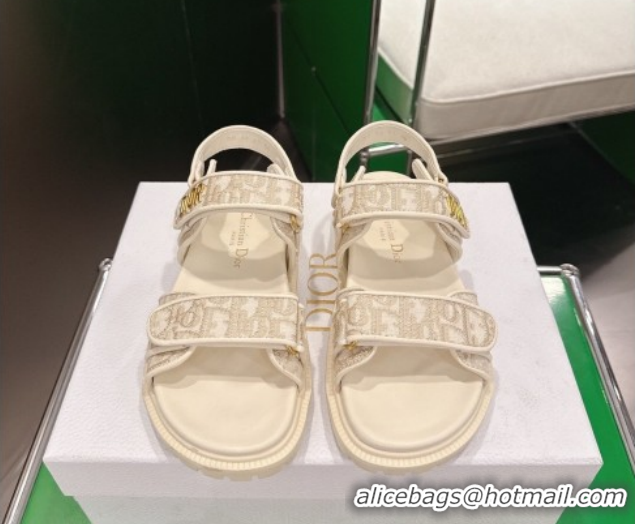 Shop Cheap Dior Dioract Flat Sandals in Oblique Embroidered Cotton Beige 0302126
