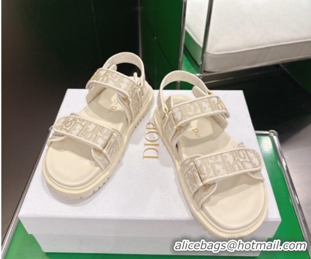 Shop Cheap Dior Dioract Flat Sandals in Oblique Embroidered Cotton Beige 0302126