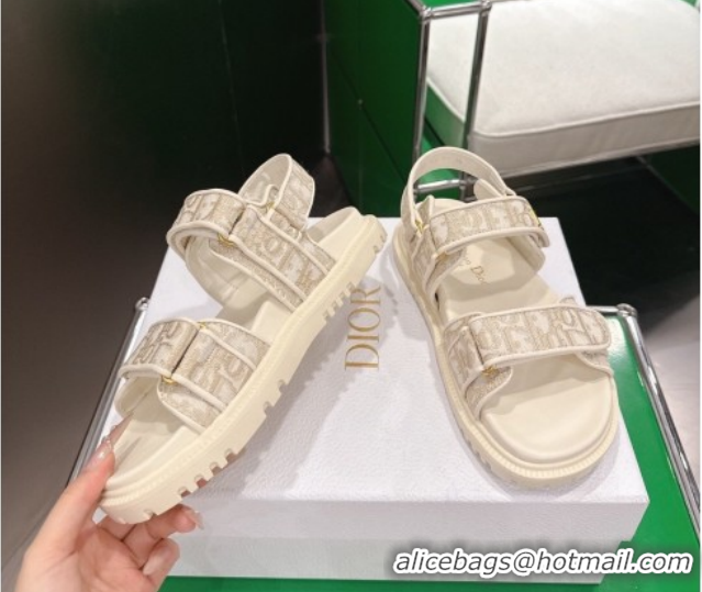 Shop Cheap Dior Dioract Flat Sandals in Oblique Embroidered Cotton Beige 0302126