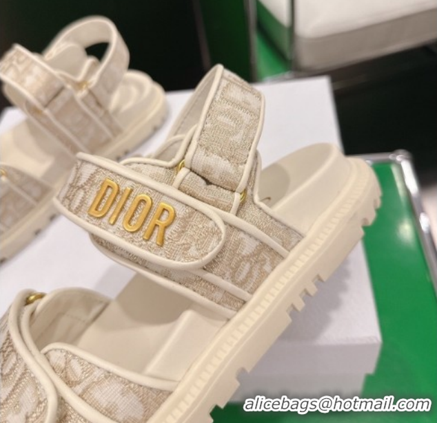 Shop Cheap Dior Dioract Flat Sandals in Oblique Embroidered Cotton Beige 0302126