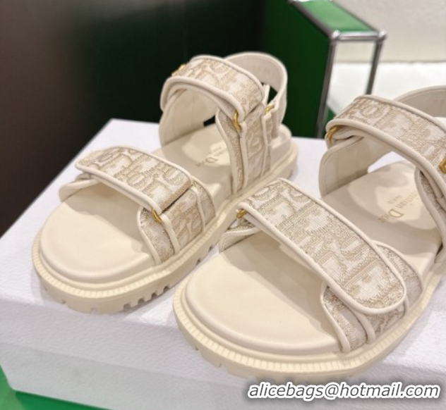 Shop Cheap Dior Dioract Flat Sandals in Oblique Embroidered Cotton Beige 0302126