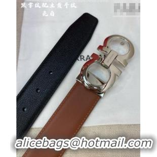 Discount Ferragamo Men's Belt 3.5cm in Reversible Palm-Grained and Brown Smooth Leather Shiny 15018 Black/Silver
