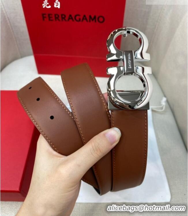 Discount Ferragamo Men's Belt 3.5cm in Reversible Palm-Grained and Brown Smooth Leather Shiny 15018 Black/Silver