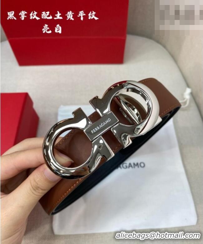 Discount Ferragamo Men's Belt 3.5cm in Reversible Palm-Grained and Brown Smooth Leather Shiny 15018 Black/Silver