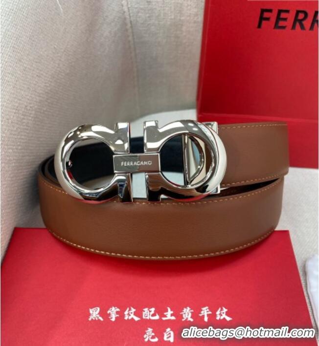 Discount Ferragamo Men's Belt 3.5cm in Reversible Palm-Grained and Brown Smooth Leather Shiny 15018 Black/Silver