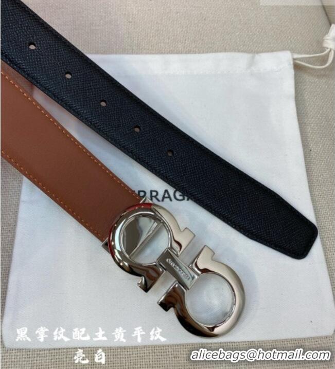 Discount Ferragamo Men's Belt 3.5cm in Reversible Palm-Grained and Brown Smooth Leather Shiny 15018 Black/Silver