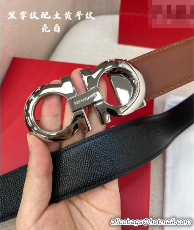 Discount Ferragamo Men's Belt 3.5cm in Reversible Palm-Grained and Brown Smooth Leather Shiny 15018 Black/Silver