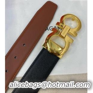 Inexpensive Ferragamo Men's Belt 3.5cm in Reversible Palm-Grained and Brown Smooth Leather Shiny 15018 Black/Gold