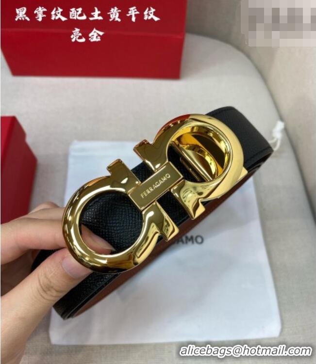 Inexpensive Ferragamo Men's Belt 3.5cm in Reversible Palm-Grained and Brown Smooth Leather Shiny 15018 Black/Gold