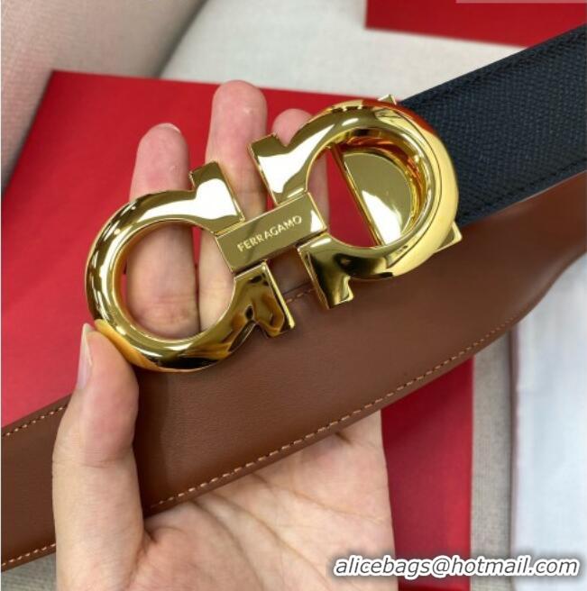 Inexpensive Ferragamo Men's Belt 3.5cm in Reversible Palm-Grained and Brown Smooth Leather Shiny 15018 Black/Gold
