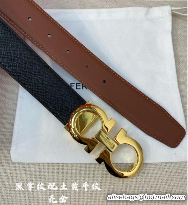 Inexpensive Ferragamo Men's Belt 3.5cm in Reversible Palm-Grained and Brown Smooth Leather Shiny 15018 Black/Gold