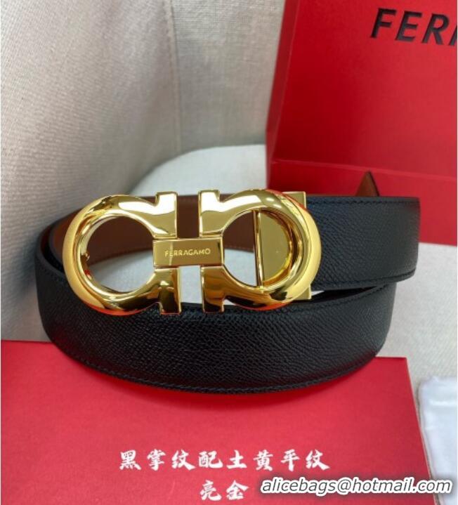 Inexpensive Ferragamo Men's Belt 3.5cm in Reversible Palm-Grained and Brown Smooth Leather Shiny 15018 Black/Gold