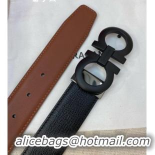 Super Quality Ferragamo Men's Belt 3.5cm in Reversible Palm-Grained and Brown Smooth Leather Matte 15018 All Black