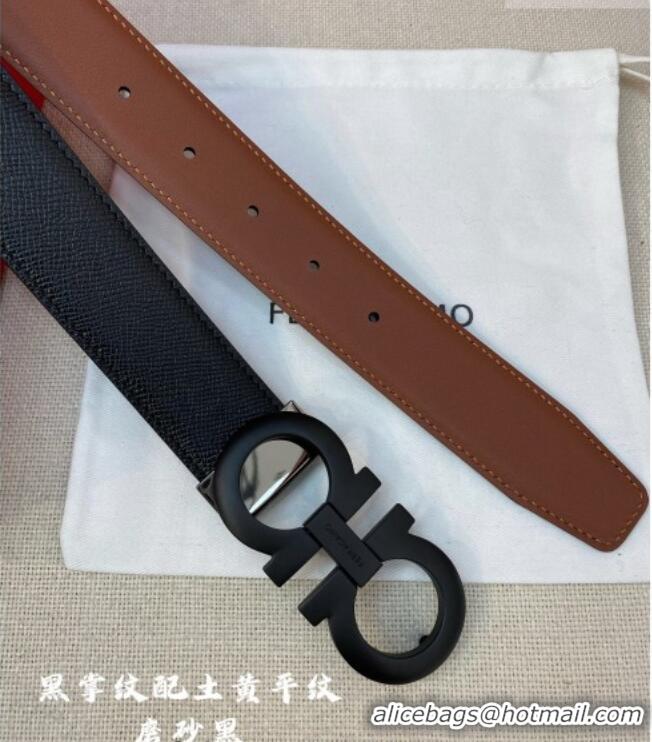 Super Quality Ferragamo Men's Belt 3.5cm in Reversible Palm-Grained and Brown Smooth Leather Matte 15018 All Black