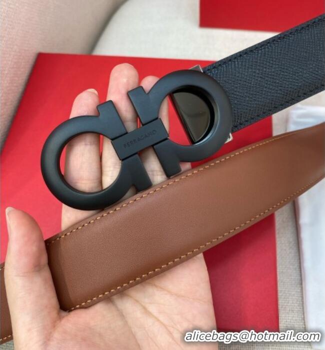 Super Quality Ferragamo Men's Belt 3.5cm in Reversible Palm-Grained and Brown Smooth Leather Matte 15018 All Black