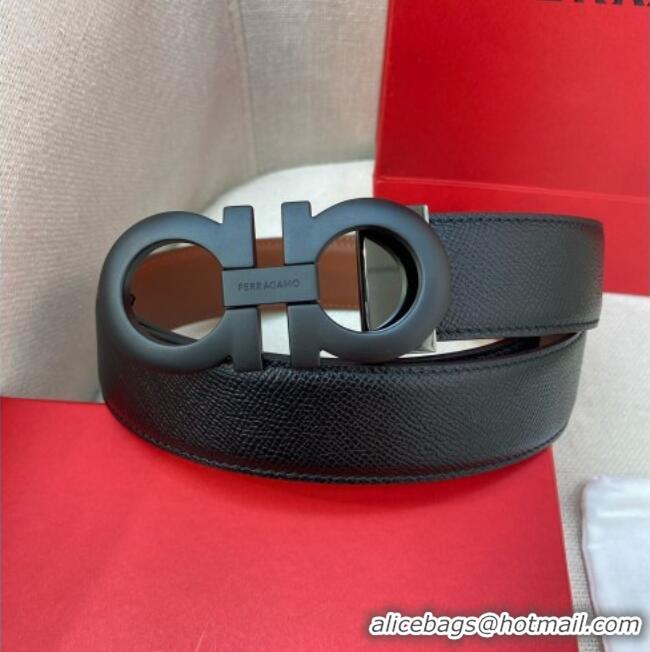 Super Quality Ferragamo Men's Belt 3.5cm in Reversible Palm-Grained and Brown Smooth Leather Matte 15018 All Black