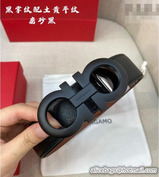 Super Quality Ferragamo Men's Belt 3.5cm in Reversible Palm-Grained and Brown Smooth Leather Matte 15018 All Black