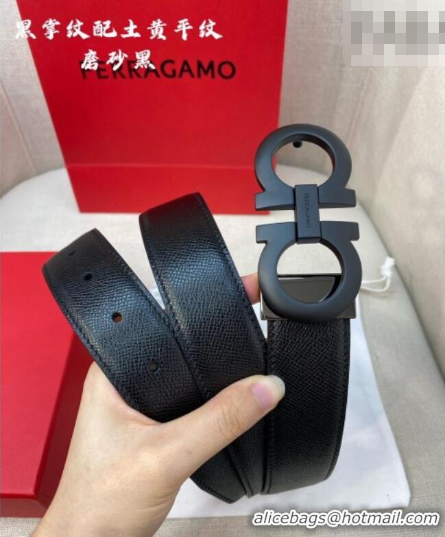Super Quality Ferragamo Men's Belt 3.5cm in Reversible Palm-Grained and Brown Smooth Leather Matte 15018 All Black