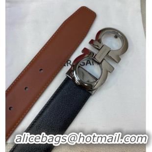 Top Grade Ferragamo Men's Belt 3.5cm in Reversible Palm-Grained and Brown Smooth Leather 15019 Black/Shiny Gunmetal