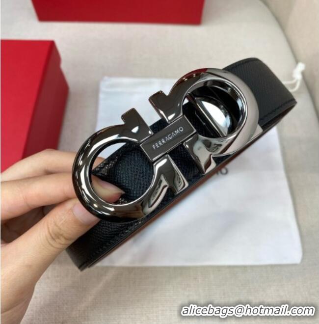 Top Grade Ferragamo Men's Belt 3.5cm in Reversible Palm-Grained and Brown Smooth Leather 15019 Black/Shiny Gunmetal