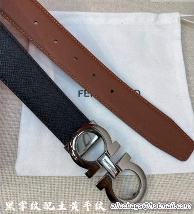 Top Grade Ferragamo Men's Belt 3.5cm in Reversible Palm-Grained and Brown Smooth Leather 15019 Black/Shiny Gunmetal