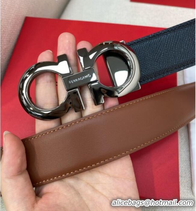 Top Grade Ferragamo Men's Belt 3.5cm in Reversible Palm-Grained and Brown Smooth Leather 15019 Black/Shiny Gunmetal