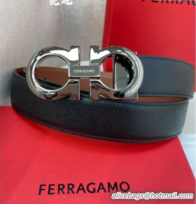 Top Grade Ferragamo Men's Belt 3.5cm in Reversible Palm-Grained and Brown Smooth Leather 15019 Black/Shiny Gunmetal