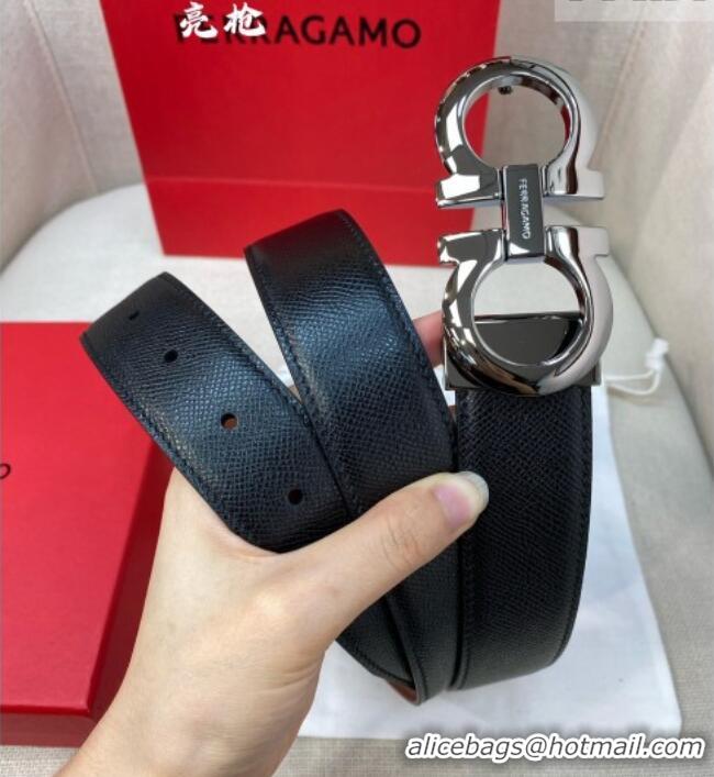 Top Grade Ferragamo Men's Belt 3.5cm in Reversible Palm-Grained and Brown Smooth Leather 15019 Black/Shiny Gunmetal