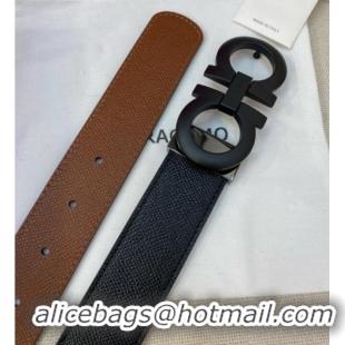Traditional Specials Ferragamo Belt 3.5cm in Reversible Palm-Grained Leather 0615 Clay Brown/Black/Matte Black