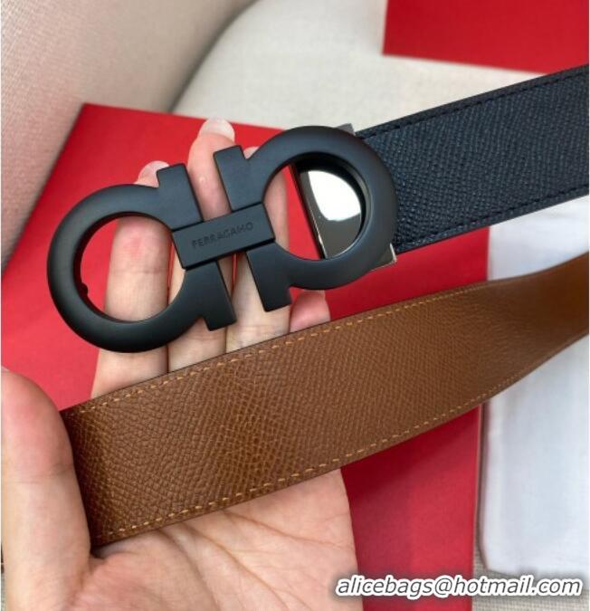 Traditional Specials Ferragamo Belt 3.5cm in Reversible Palm-Grained Leather 0615 Clay Brown/Black/Matte Black
