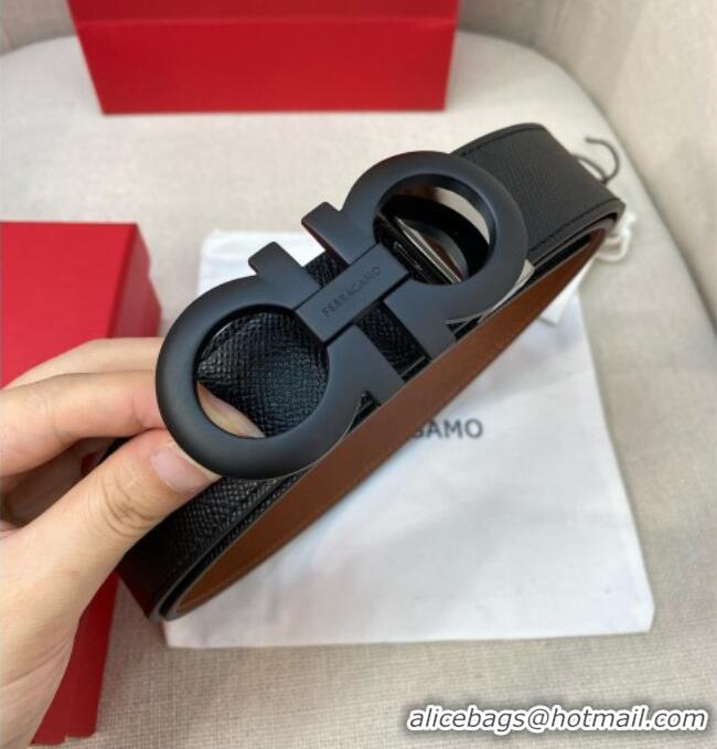 Traditional Specials Ferragamo Belt 3.5cm in Reversible Palm-Grained Leather 0615 Clay Brown/Black/Matte Black