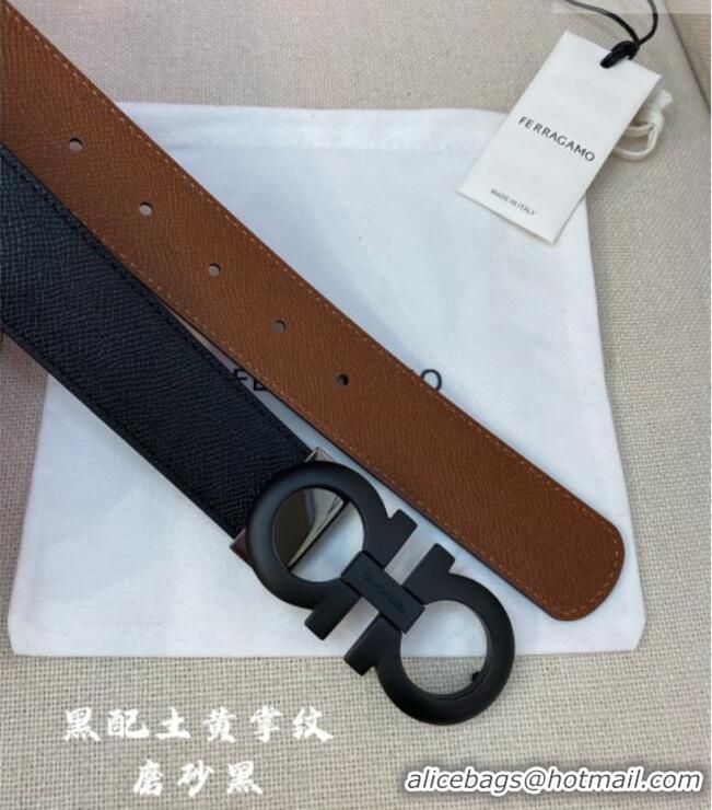 Traditional Specials Ferragamo Belt 3.5cm in Reversible Palm-Grained Leather 0615 Clay Brown/Black/Matte Black