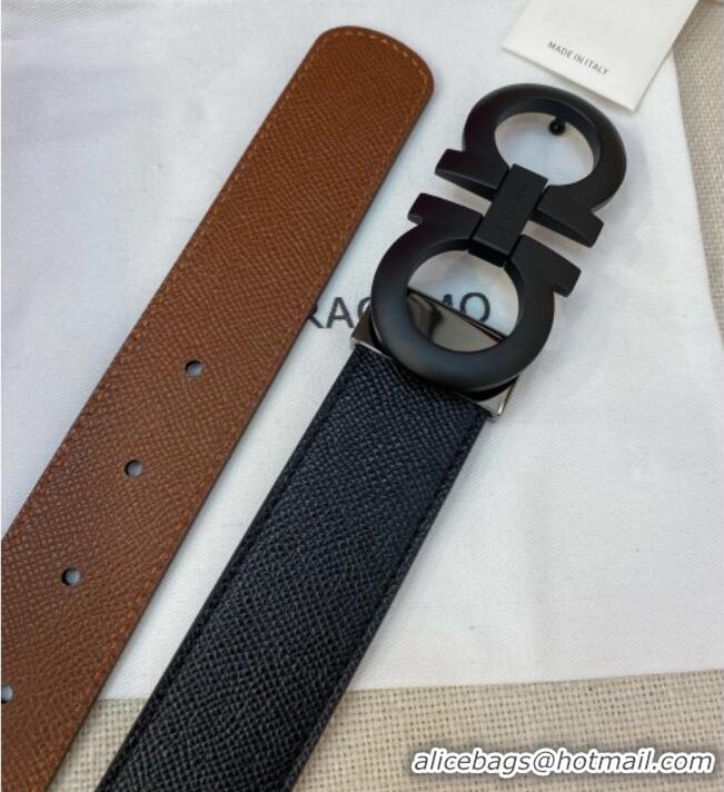 Traditional Specials Ferragamo Belt 3.5cm in Reversible Palm-Grained Leather 0615 Clay Brown/Black/Matte Black