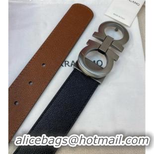 Well Crafted Ferragamo Belt 3.5cm in Reversible Palm-Grained Leather 0615 Clay Brown/Black/Brushed Gunmetal