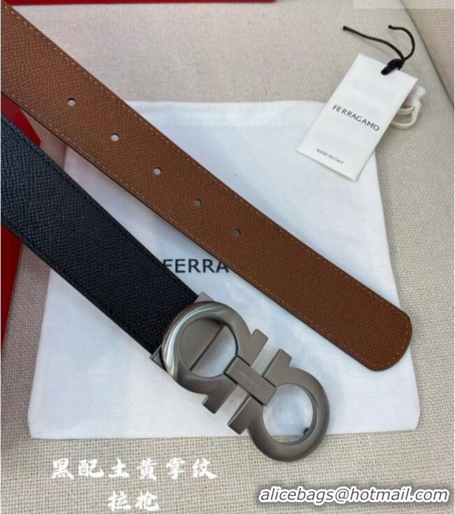 Well Crafted Ferragamo Belt 3.5cm in Reversible Palm-Grained Leather 0615 Clay Brown/Black/Brushed Gunmetal