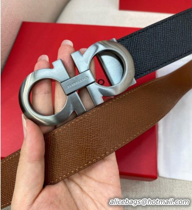 Well Crafted Ferragamo Belt 3.5cm in Reversible Palm-Grained Leather 0615 Clay Brown/Black/Brushed Gunmetal