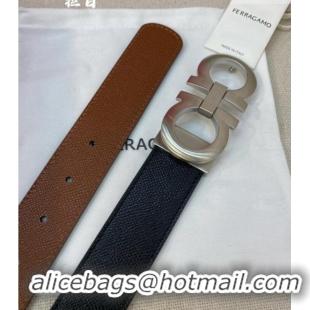 Shop Grade Ferragamo Belt 3.5cm in Reversible Palm-Grained Leather 0615 Clay Brown/Black/Brushed Silver