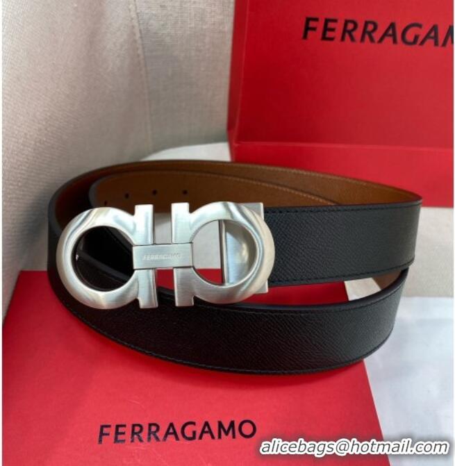 Shop Grade Ferragamo Belt 3.5cm in Reversible Palm-Grained Leather 0615 Clay Brown/Black/Brushed Silver