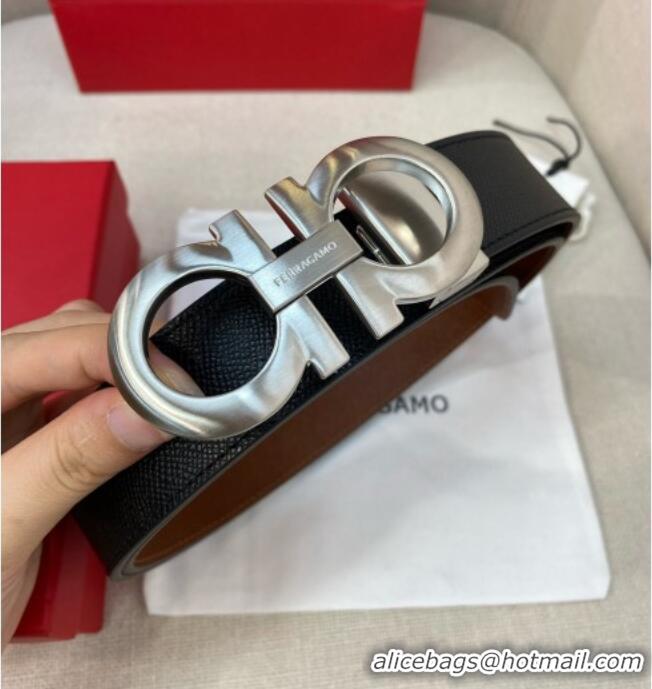 Shop Grade Ferragamo Belt 3.5cm in Reversible Palm-Grained Leather 0615 Clay Brown/Black/Brushed Silver