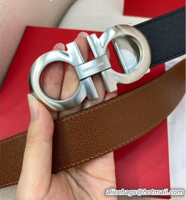 Shop Grade Ferragamo Belt 3.5cm in Reversible Palm-Grained Leather 0615 Clay Brown/Black/Brushed Silver