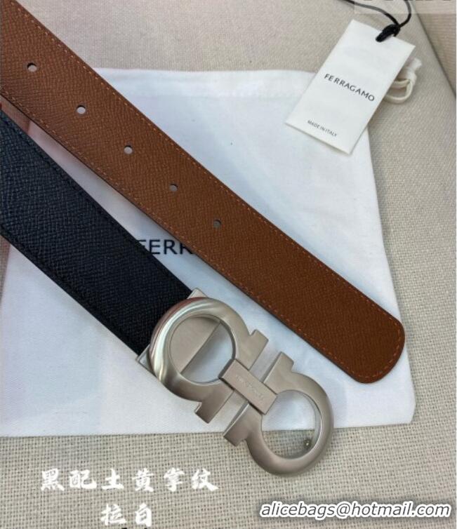 Shop Grade Ferragamo Belt 3.5cm in Reversible Palm-Grained Leather 0615 Clay Brown/Black/Brushed Silver