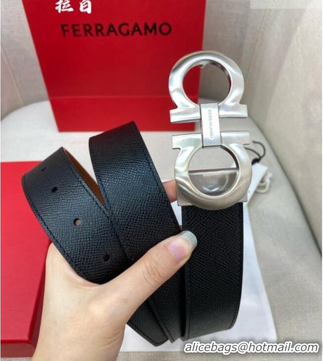 Shop Grade Ferragamo Belt 3.5cm in Reversible Palm-Grained Leather 0615 Clay Brown/Black/Brushed Silver